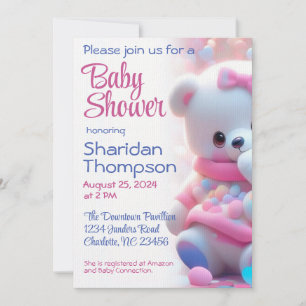Invitación Oso de bebé blanco con ducha rosa y azul