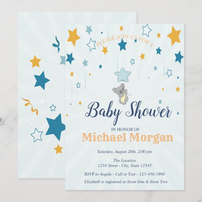 Invitación Oso de bebé lindo, estrellas (Anverso / Reverso)