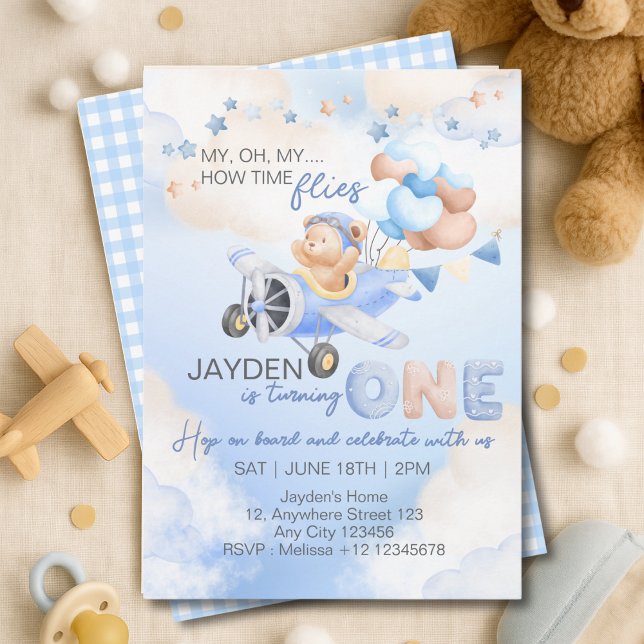 Invitación Oso De Bebé Marrón Azul Pastel Cute En El Avión (Subido por el creador)