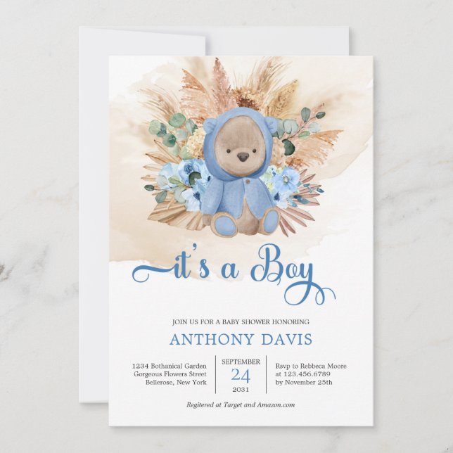 Invitación Oso de Boho Teddy vestido con pasto de pampas de s (Anverso)