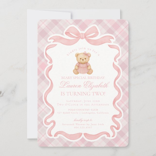 Invitación Oso de Cumpleaños con Lazo Coquette Rosa Cuadros E (Anverso)