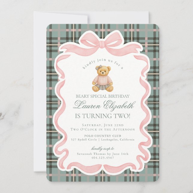 Invitación Oso de Cumpleaños con Lazo Coquette Rosa Cuadros E (Anverso)