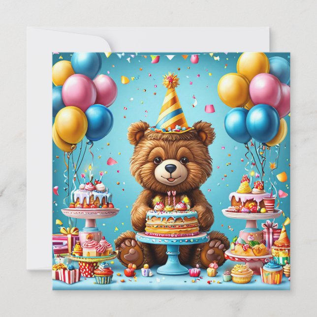 Invitación Oso de cumpleaños con pastel y globos (Anverso)