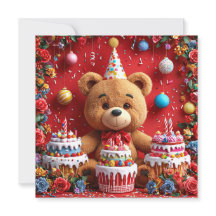 Oso de cumpleaños con pastel y globos