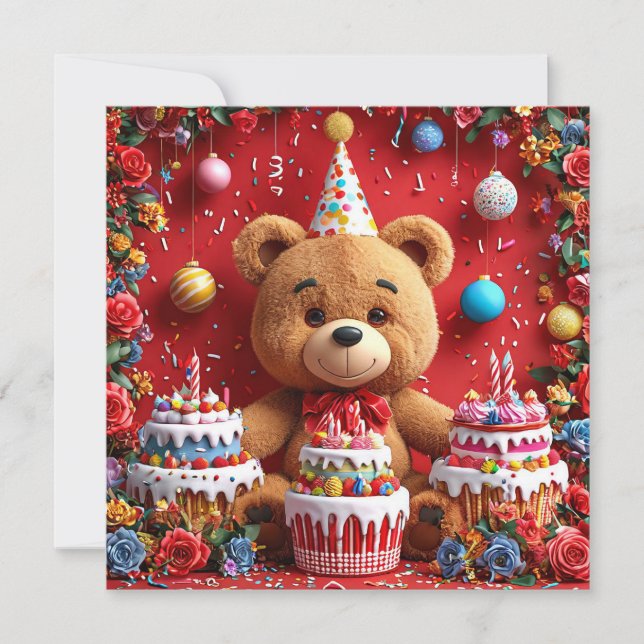 Invitación Oso de cumpleaños con pastel y globos (Anverso)