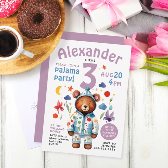 Invitación Oso de cumpleaños con pijama de agua colorida y fe (Subido por el creador)