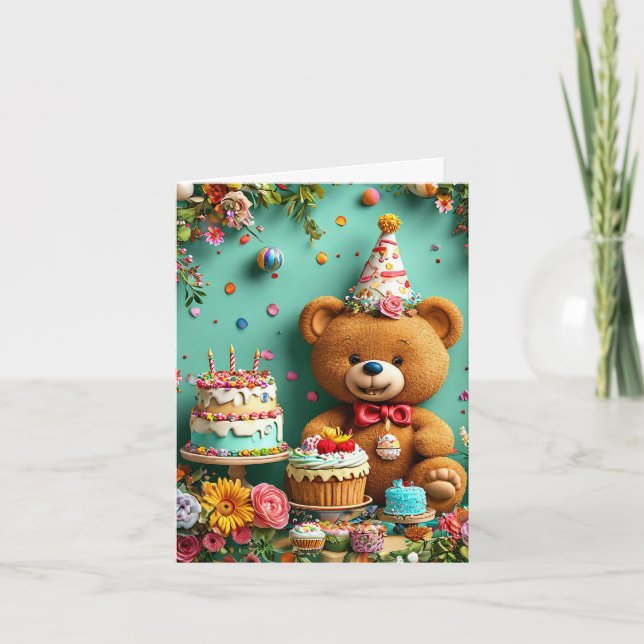 Invitación Oso de cumpleaños con torta y globos (Anverso)