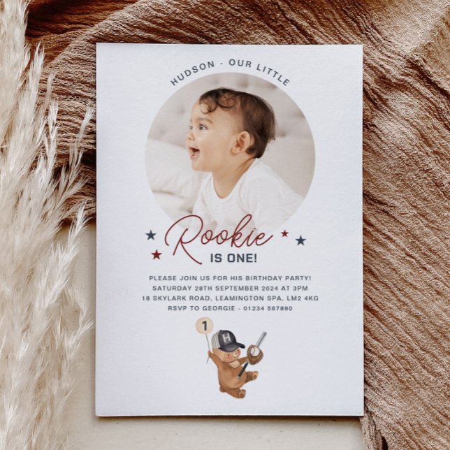 Invitación Oso de cumpleaños de Rookie - Foto (Bear with 3 Brown Balloons - Photo Birthday Invitation)