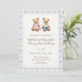 Invitación Oso de cumpleaños gemelo primero Plaid