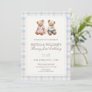Invitación Oso de cumpleaños gemelo primero Plaid
