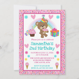 Invitación Oso de cumpleaños lindo y arcoíris y pastel