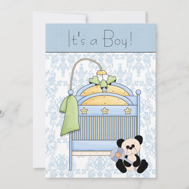 Invitación Oso de Cuna Azul Damask Baño de Bebe (Anverso)