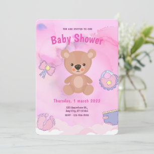 Invitación Oso de dibujos animados rosa ducha de bebé arcoíri