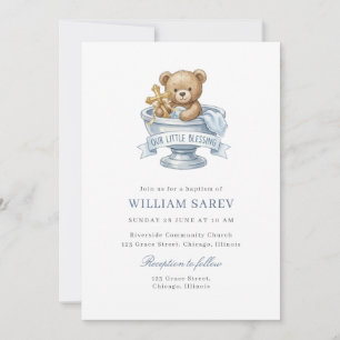 Invitación Oso de felpa bautizo acuarela azul dulce