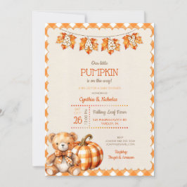 Invitación Oso de felpa de cuadros de otoño Calabaza Hojas