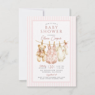 Invitación Oso de felpa en tendedero Rosa Cumpleaños de bebé
