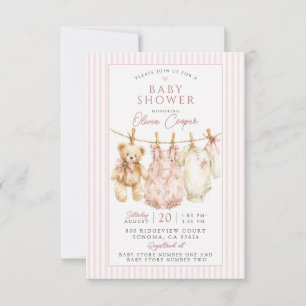 Invitación Oso de felpa en tendedero Rosa Cumpleaños de niña