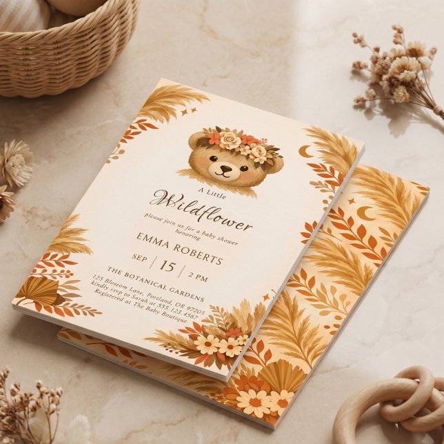 Invitación Oso de Flor Silvestre Bohemio Otoño Hierba de Pamp (Boho Wildflower Bear Autumn Pampas Grass Invitation)