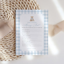 Invitación Oso de Gingham Azul Baby Shower Quién Conoce Mejor