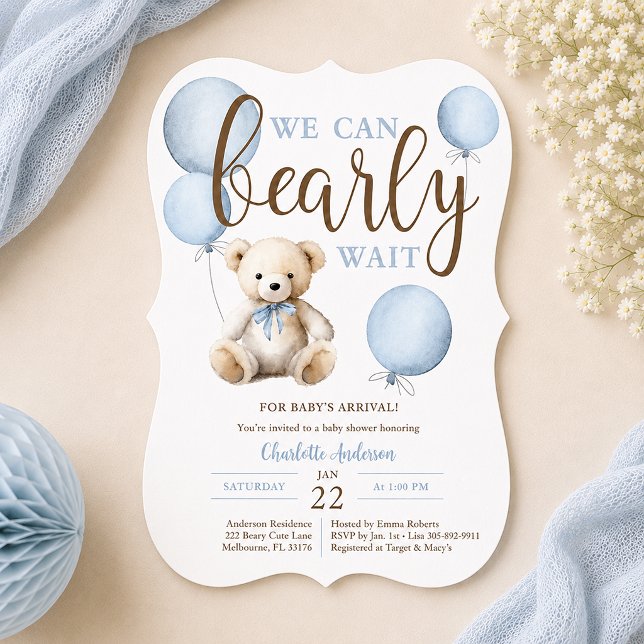Invitación Oso de globo azul Barely Wait Baby Shower (Blue Bearly waiting baby shower invite)