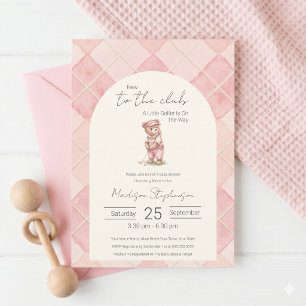 Invitación Oso de Golf Nuevo en el Club Baño de Bebé Rosa