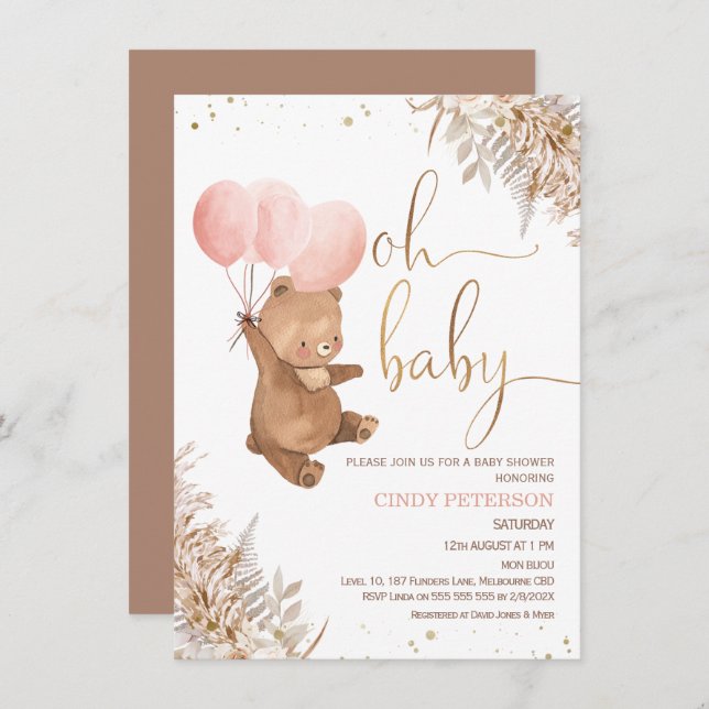 Invitación Oso De Grasa Boho Pampas Oh Baby Shower (Anverso / Reverso)