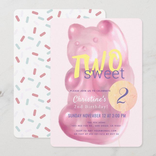Invitación Oso de Gummy Rosa Cute Dos Dulces Chicas Segundo C (Anverso / Reverso)
