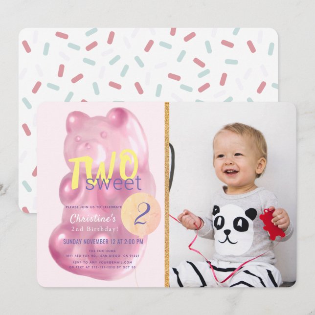 Invitación Oso de Gummy Rosa Dos Dulces Chicas Foto Segundo C (Anverso / Reverso)