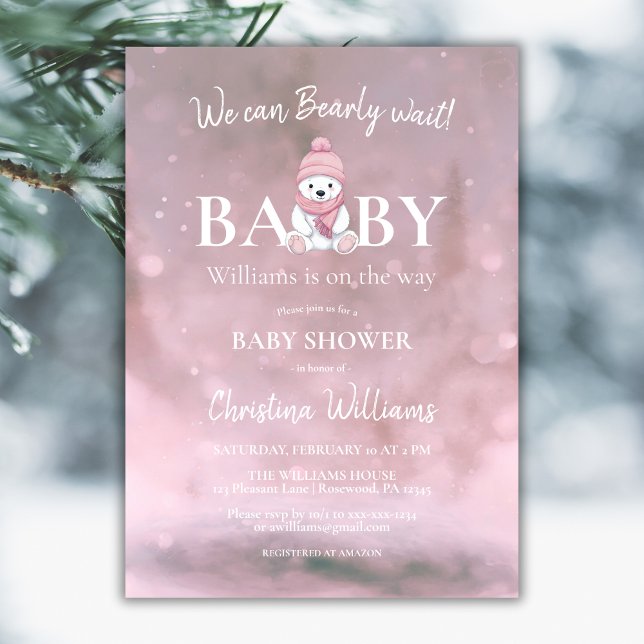 Invitación Oso de invierno Podemos anticipar Baby Shower rosa (Subido por el creador)