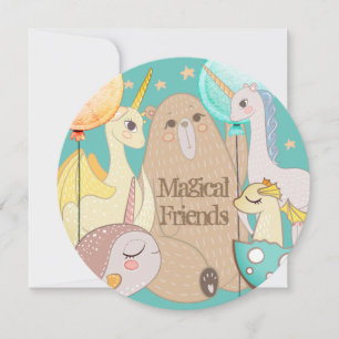 Invitación Oso de invitación, dragón, unicornio, amigos mágic