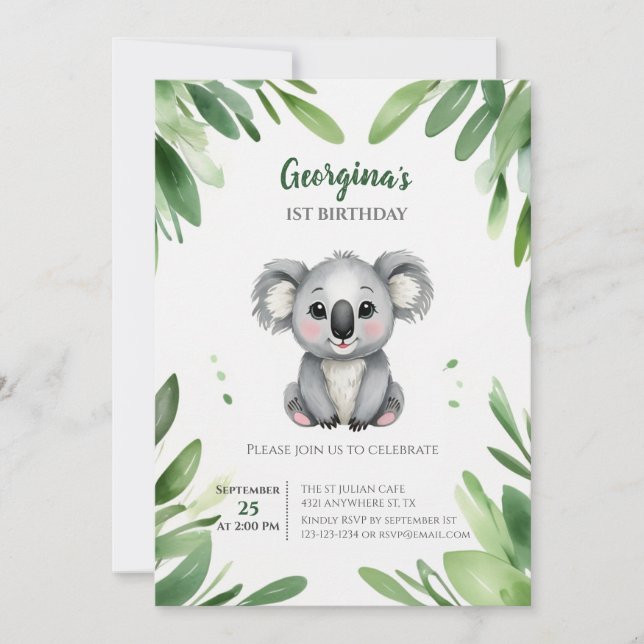 Invitación Oso de Koala con hojas verdes primer cumpleaños (Anverso)
