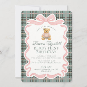 Invitación Oso de lazo coqueto rosa cumpleaños beary primero