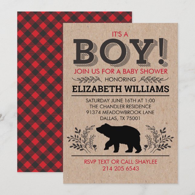 Invitación Oso de leñador Flannel Rustic Boy Baby Shower (Anverso / Reverso)