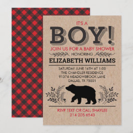 Invitación Oso de leñador Flannel Rustic Boy Baby Shower