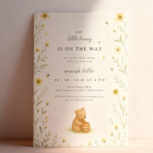 Invitación Oso de Miel Floral Cumpleaños de Bebé