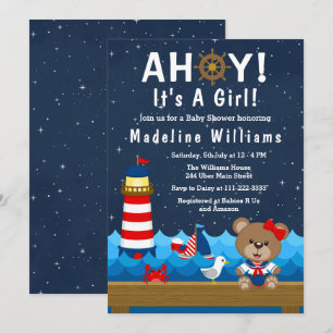 Invitación Oso de niña náutica rojo y azul marino Baby Shower