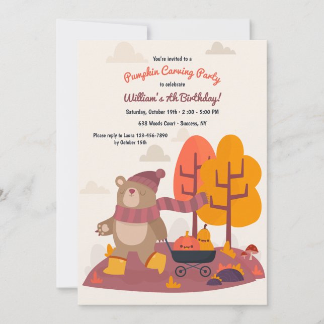 Invitación Oso de otoño transportando calabazas (Anverso)