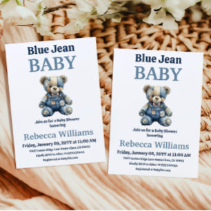 Invitación Oso de Parche de Mezclilla Niño Azul Fiesta de Beb