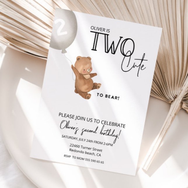 Invitación Oso de peluche 2º cumpleaños DOS lindos de soporta (Teddy Bear Inviation, TWO CUTE TO BEAR birthday invitation)