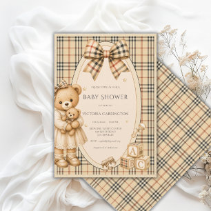 Invitación Oso de peluche a cuadros negro marrón Baby Shower