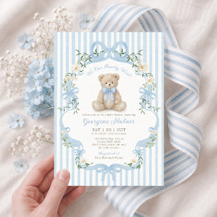 Invitación Oso de peluche a rayas azules suaves Baby Shower N