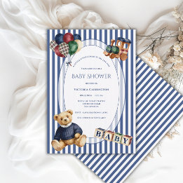 Invitación Oso de peluche a rayas azules y blancas juguetes v