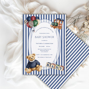 Invitación Oso de peluche a rayas azules y blancas juguetes v