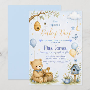 Invitación Oso de peluche acuarela abeja bebé niño Baby Showe