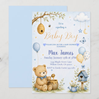 Invitación Oso de peluche acuarela abeja bebé niño Baby Showe