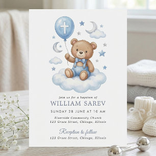 Invitación Oso de peluche acuarela Bautizo Luna y Estrellas L