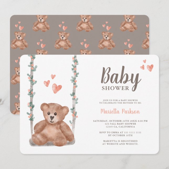 Invitación Oso de peluche acuarela floral ducha de bebé (Anverso / Reverso)
