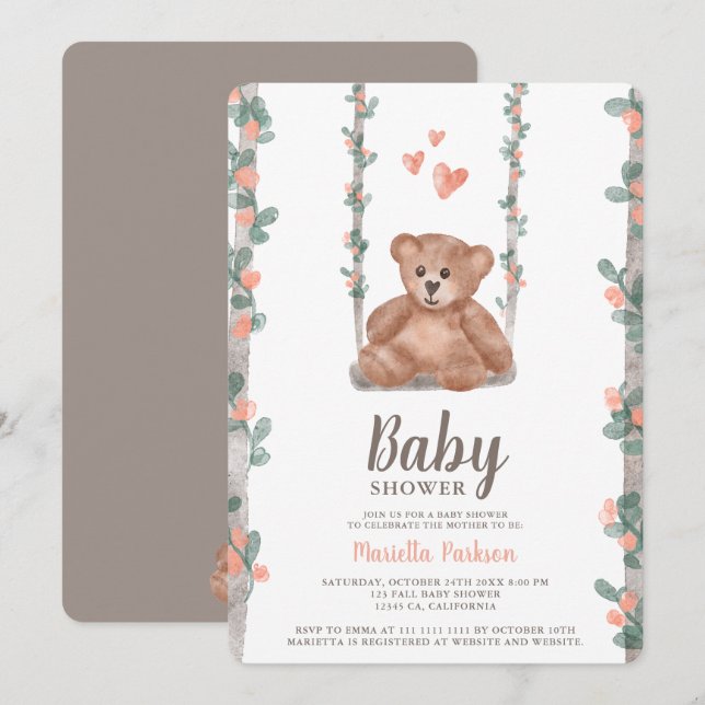 Invitación Oso de peluche acuarela floral ducha de bebé (Anverso / Reverso)