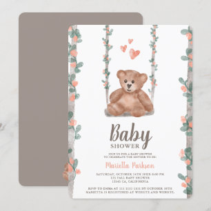 Invitación Oso de peluche acuarela floral ducha de bebé