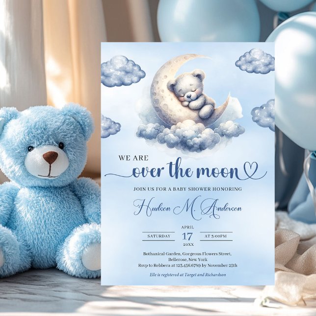Invitación Oso de peluche acuarela sobre el Baby Shower lunar (we are over the moon boy baby shower invitation with teddy bear)